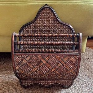 Vintage solid wood wicker & ratan wall hang organizer decor mail/letter holder